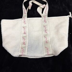PINK White Sherpa Tote Bag with Pink Accents